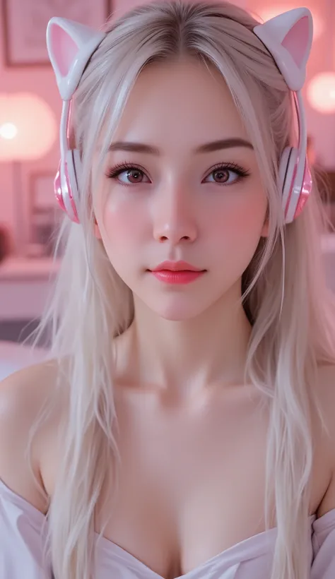 1 girl, sexy 18 year old girl , girl with long white hair, pink eyes, futuristic vibes, cat headphones, 8k, high quality, simple background, glowing eyes, nice pose , pigtails, beautiful face, gorgeous, beautiful, beautiful, beautiful face, pale skin, part...