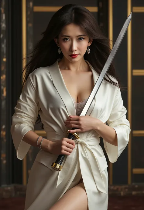 Very beautiful woman, big breast, holding long knife, luxury white kimono, sexy thighs, woman wushu, woman murderous expression