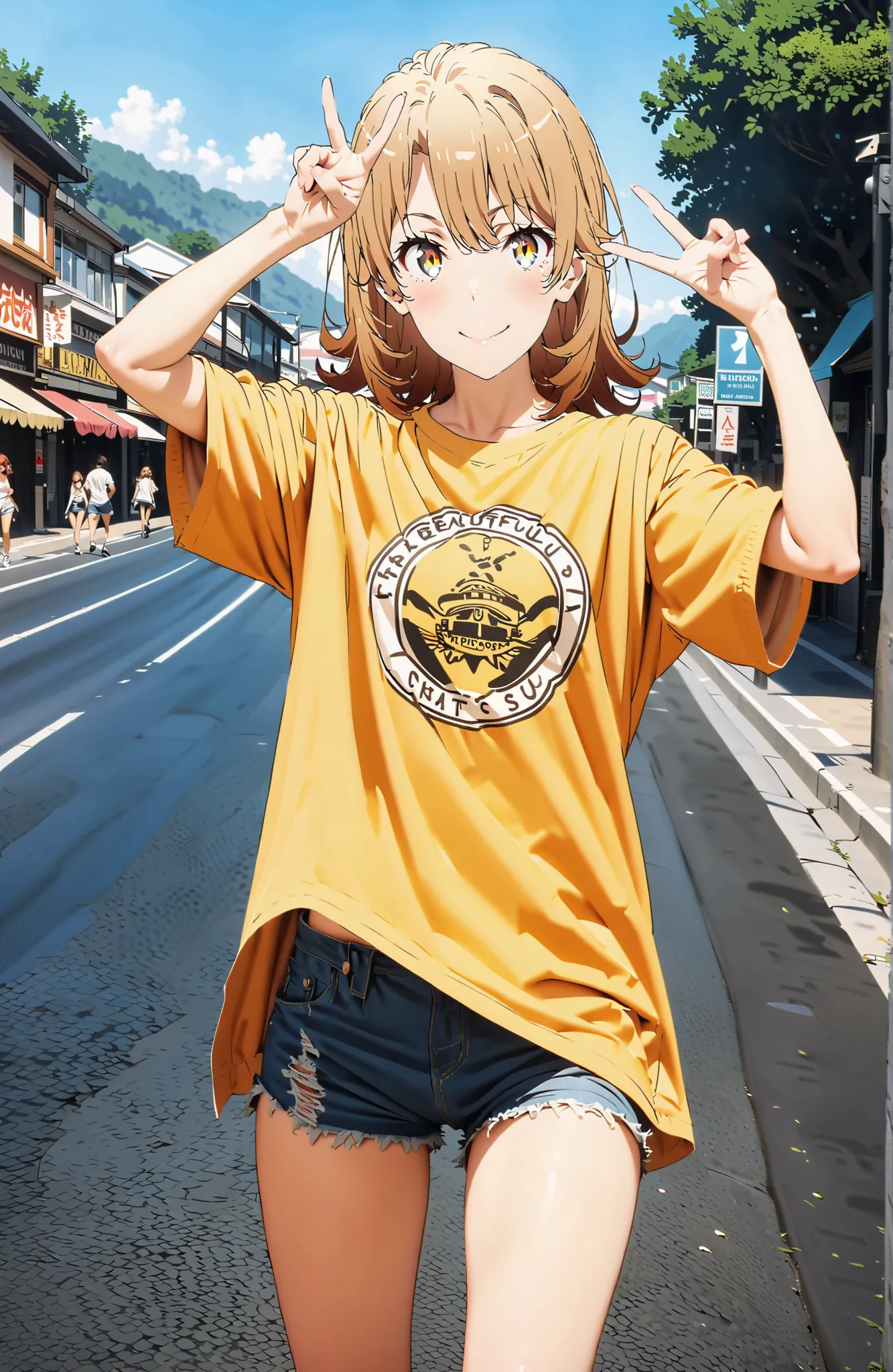 Iroha Isshiki,half up do,oversized t-shirt,denim micro shorts,Bare legs,sneakers,Baseball hats,standing,double peace sign,smile,blush,grinning,Beautiful Scenery, Beautiful Streetscapes,Daytime summer,,in their 40s outdoors,Coastal Road,strand,
in their 40s...