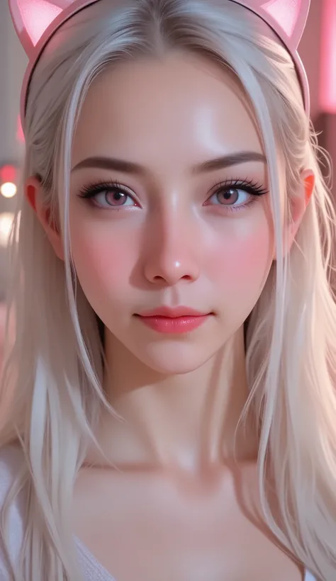 1 girl, sexy 18 year old girl , girl with long white hair, pink eyes, futuristic vibes, cat headphones, 8k, high quality, simple background, glowing eyes, nice pose , pigtails, beautiful face, gorgeous, beautiful, beautiful, beautiful face, pale skin, part...