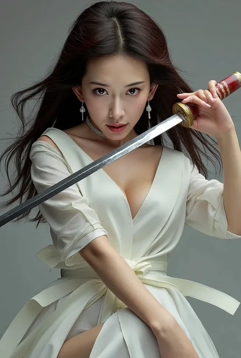 Very beautiful woman, big breast, holding long knife, luxury white kimono, sexy thighs, woman wushu, woman murderous expression, hair style elegant