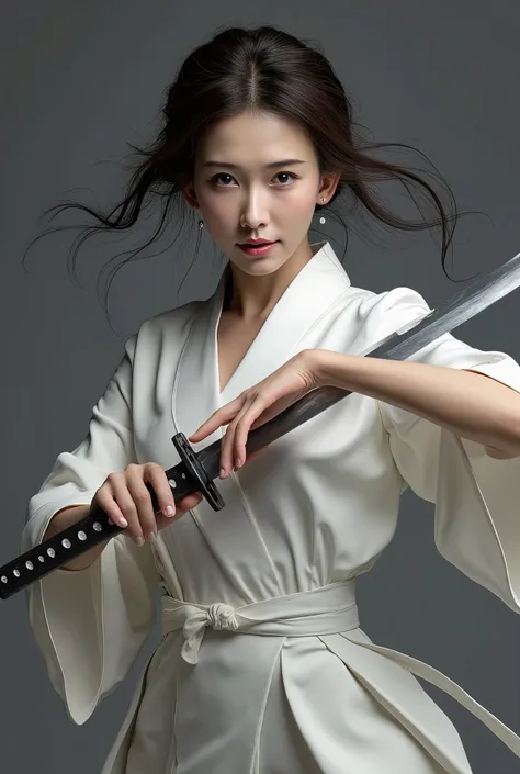 Very beautiful woman, big breast, holding long knife, luxury white kimono, sexy thighs, woman wushu, woman murderous expression, hair style elegant