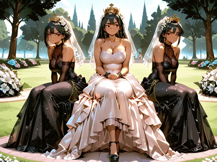 Mexican woman, 34 years old, dark-skinned long black hair and ambar eyes, athletic chubby body. In a wedding dress. Flower lace, deep sweetheart neckline, tight top. Bridal veil with flowers' crown. Luxury platform stilettos with chains. Lace transformer s...