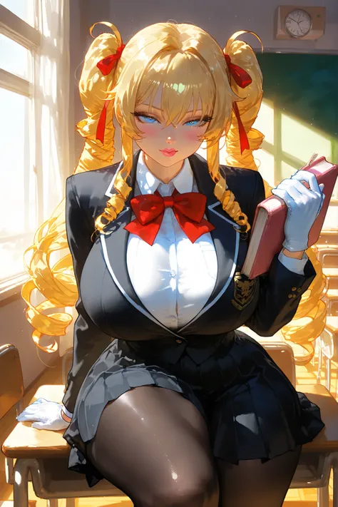 ExpressiveH, sinozickexpressaiu, 1girl ,nanako, blue eyes, blonde hair, drill hair, twintails, long hair, large breasts, red bowtie, hair ribbon, red ribbon, school uniform, black jacket, white shirt, collared shirt, pleated skirt, black skirt, white glove...