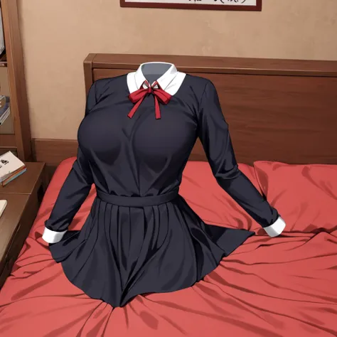 (invisible:1.5, no humans:1.5, headless:1.5, faceless:1.5), ( shuuchiin_academy_uniform, fujiwara_chika, school_uniform, red_ribbon, breasts, black_dress, long_sleeves:1.2), on bed, (big breast), (best quality, masterpiece:1.2), ((detailed cloth texture)),...
