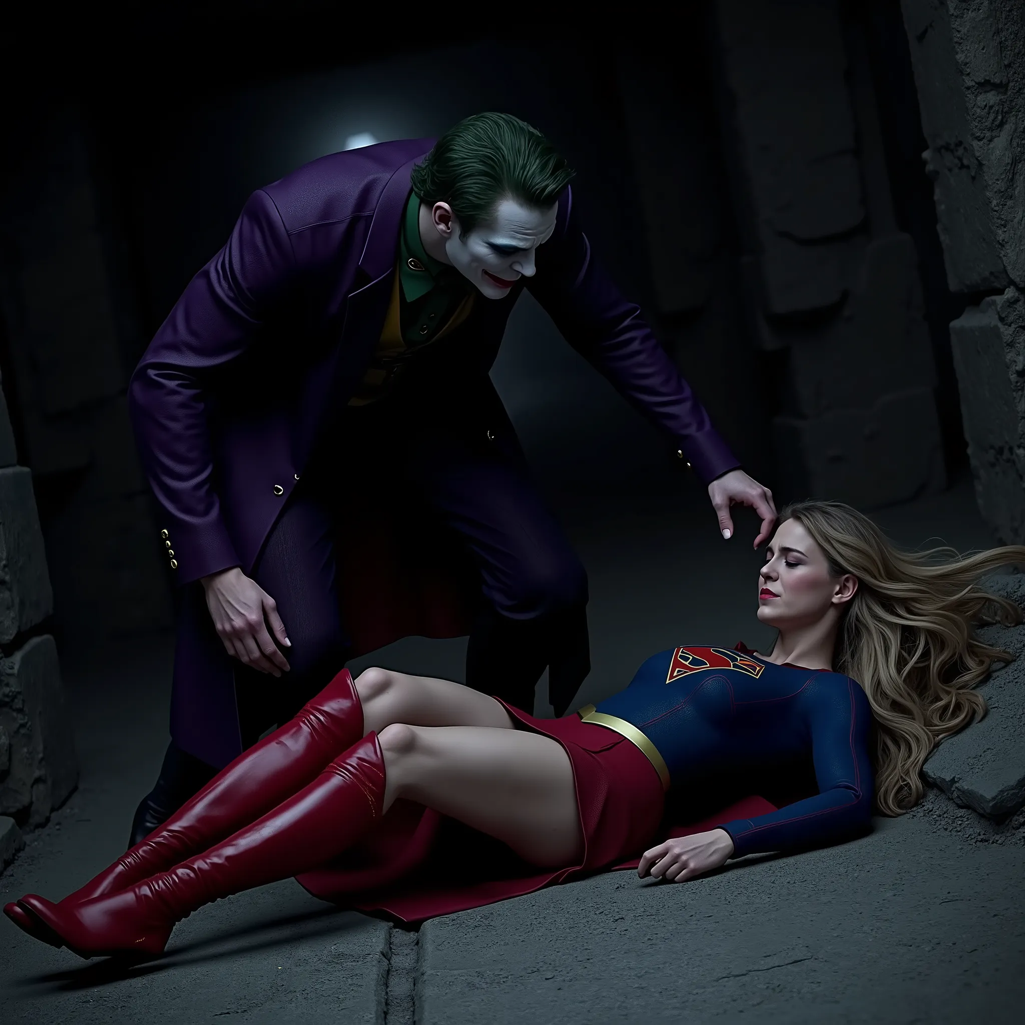 Supergirl is lying flat, can see whole body, a green lighting collar on her neck, She is wearing a thin black pantyhose, very short red skirt, flipped up skirt, red knee height long boots, blonde hair, unconsciousness, eyes close, painful face, screaming i...