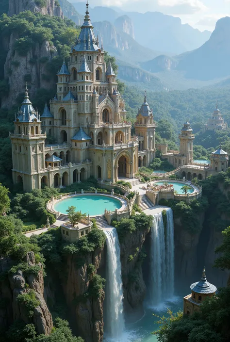 ((elven mega mansion)), majestic and vast elven architecture built on cliffs, surrounded by towering mountains and lush mystical vegetation, multiple natural lakes with magical glow, ancient elven design with tall spires and elegant arches, ethereal light ...