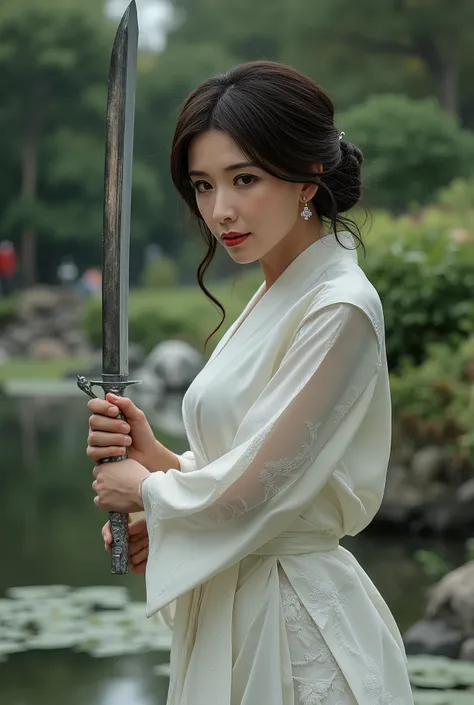 Very beautiful woman, big breast, holding long knife, luxury white kimono, thighs, woman wushu, woman murderous expression, hair style elegant, hight heels, full body image, japanese house garden