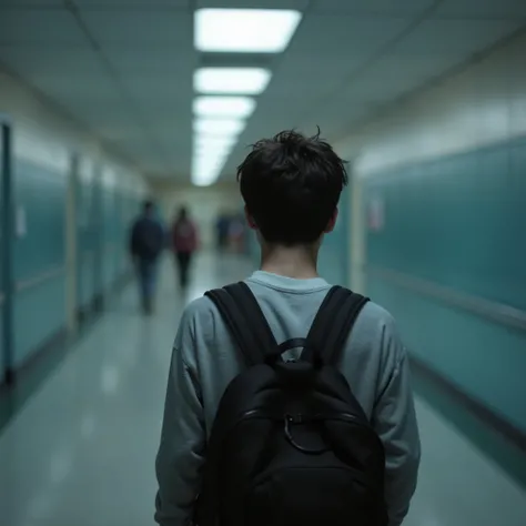  A young boy  ((16 anos))  seen backwards, with slightly messy dark hair, wearing a gray sweatshirt over a white t-shirt and a black backpack hanging from a Shoulder. He walks alone through a completely empty school corridor, with cool fluorescent lighting...