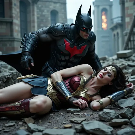 Wonder woman is laying down flat on the ruin, she is fighting with Batman and she is defeated, nervous, painful, eyes close, Batman is bending over her body, his eyes is red, red light on his eyes, whole body visible from head to feet, hyperrealism,