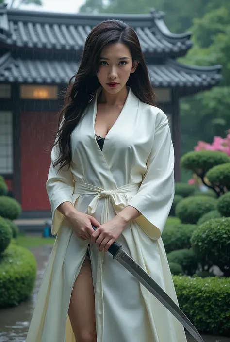 Very beautiful woman, big breast, holding long knife, luxury white kimono, thighs, woman wushu, woman murderous expression, hair style elegant, hight heels, full body image, japanese house garden, woman very thick hair, rain
