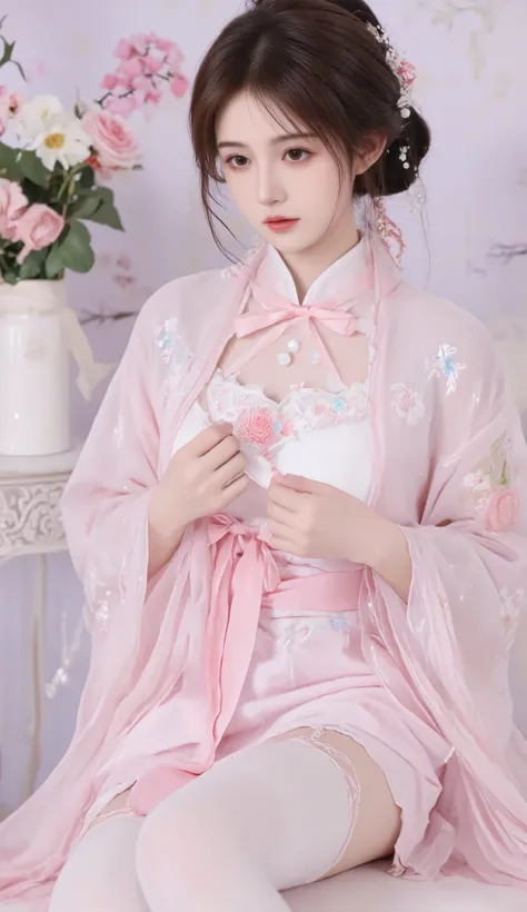 robe, 1 girl, [[bow, eyes, flower, Ribbon, Rose, Chest, Chinese clothing , Chinese clothing , skirt, flower, Gradient , Gradient background, embroidered ball flower, Watch the audience, small Chest, white pantyhose, Rose, Single, thigh 连裤袜