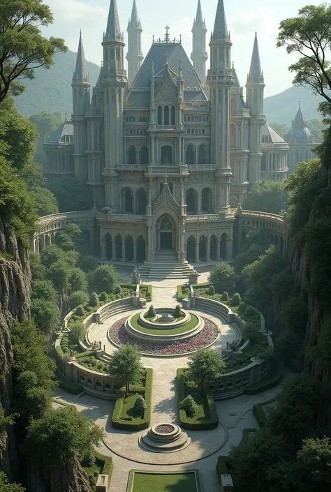 ((elven mega mansion)), majestic and vast elven architecture built on cliffs, surrounded by and lush mystical vegetation, ancient elven design with tall spires and elegant arches, ethereal light filtering through the forest, enchanted atmosphere, no pools ...