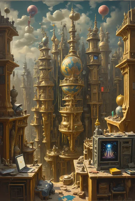 A postmodern reinterpretation of Salvador Dalí’s ‘The Persistence of Memory’, but instead of melting clocks, there are melting digital devices like smartphones and laptops in a sprawling silicon cityscape