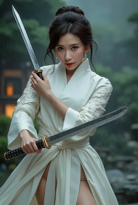 Very beautiful woman, big breast, holding long knife, luxury motif white kimono, thighs, woman wushu, woman deadly expression, hair style elegant, hight heels, full body image, japanese house garden, rain, woman doing beautiful assassin moves