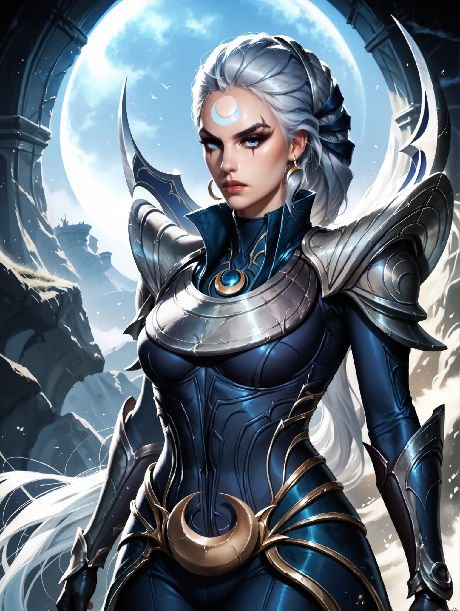 Diana from League of Legends, standing on a crescent-lit battlefield, long silver hair flowing, piercing pale blue eyes, wearing dark armor with silver crescent moon motifs, holding her (large), (curved crescent) blade, dramatic backlighting from a full mo...