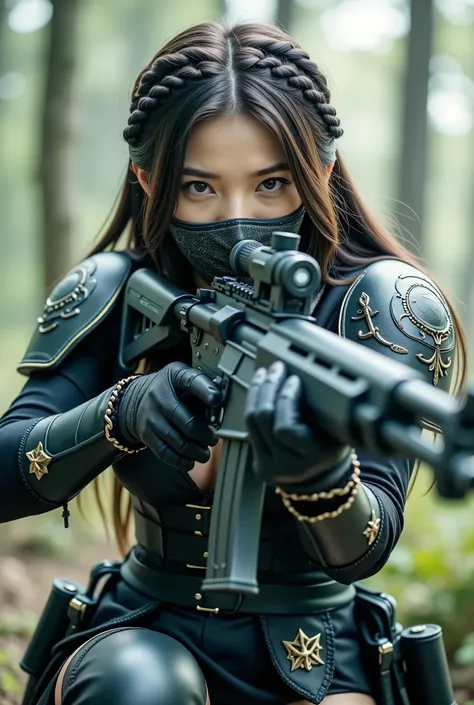 (8K, highest quality conversation , masterpiece), ( Is there , photo Is there : 1.37), Very detailed , { Sylvan Witch with an M60 machine gun }, Wide angle , my chest is shaking terribly , ...