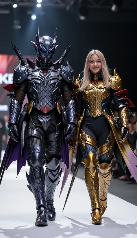 character: 1 man with mask full head wearing silver Deadpool body suit with gold dragon armor,  and 1 woman long straight blonde hair wearing silver Deadpool body suit with gold dragon armor. Looks Europe face. Two katana swords on their backs. 

action: W...
