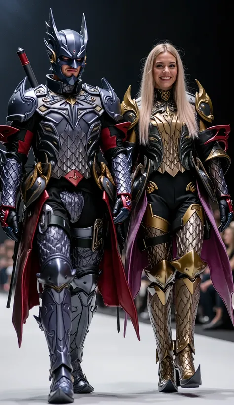 character: 1 man with Deadpool mask full head wearing silver Deadpool body suit with gold dragon armor,  and 1 woman long straight blonde hair wearing silver Deadpool body suit with gold dragon armor. Looks Europe face. Two katana swords on their backs. 

...