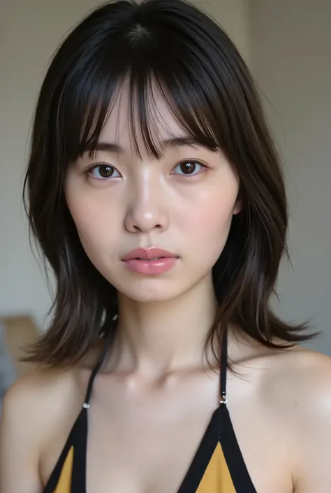 (( Highest Quality )), ((masterpiece)), ( details), Japanese, two-tone swimsuit ,1 girl on break day, sexy,( in the bedroom),((( extremely large breasts , completely naked, beautiful breasts, short bob hair))), black hair , (( ...