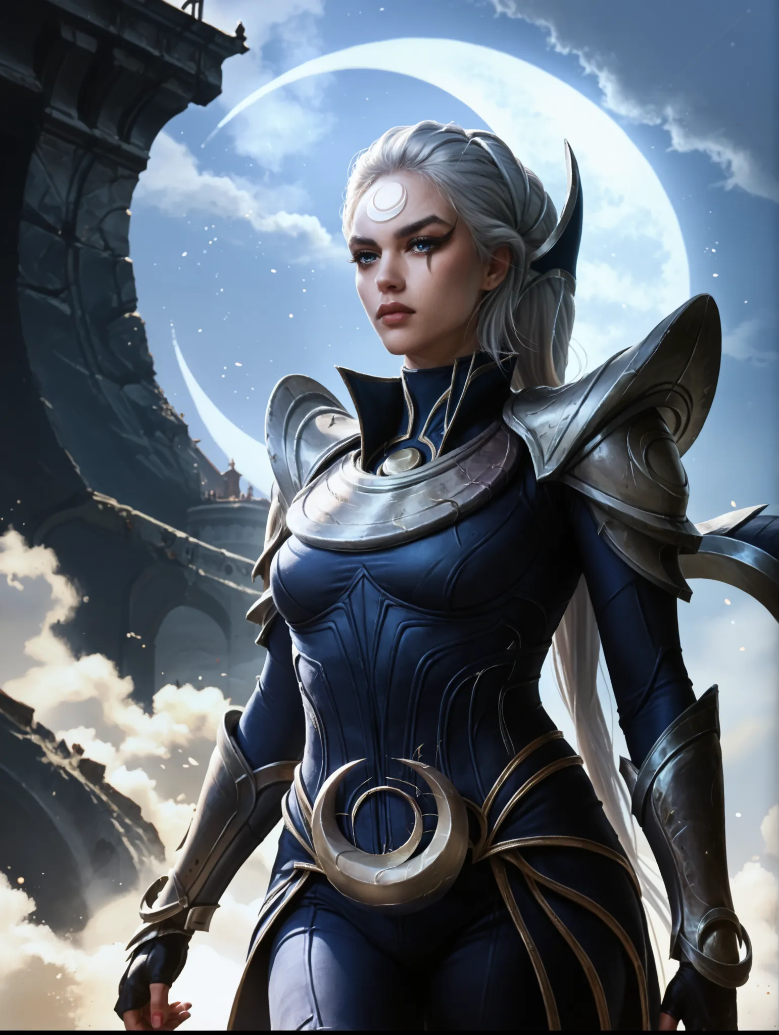 Diana from League of Legends, standing on a crescent-lit battlefield, long silver hair flowing, piercing pale blue eyes, wearing dark armor with silver crescent moon motifs, holding her (large), (curved crescent) blade, dramatic backlighting from a full mo...