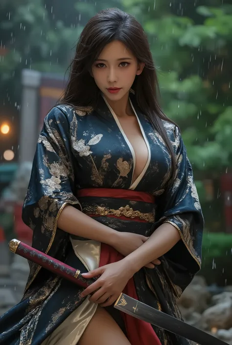 Very beautiful woman, big breast, holding long knife, luxury motif kimono, thighs, woman wushu, woman deadly expression, hair style elegant, woman heels, full body image, japanese house garden, rain