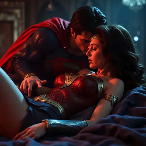 Wonder woman is laying down flat on the bed, in the ancient Amazon castle, she is sleeping and attacked by Superman, she is unconsciousness, painful, eyes close, Superman is bending on her body, he touch her leg, red light from Superman's eyes, whole body ...