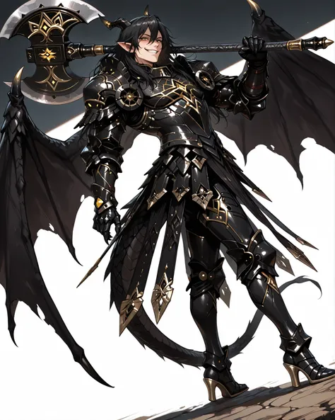 score_9, absurdres, (masterpiece, best quality: 1. 5), highres, 8K wallpaper, CG, (((Anime))), (1 male), solo, lean body, (masculine), (floating in the air), weredragon, japanese anime style, glossy black, shiny black leather, ((beautiful golden eyes, fine...