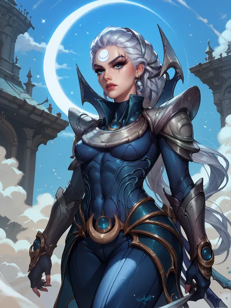 Diana from League of Legends, standing on a crescent-lit battlefield, long silver hair flowing, piercing pale blue eyes, wearing dark armor with silver crescent moon motifs, holding her (large), (curved crescent) blade, dramatic backlighting from a full mo...