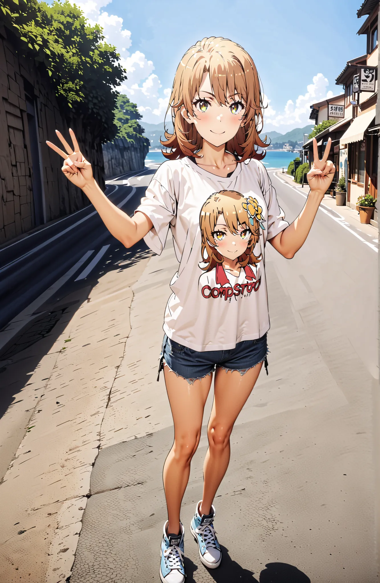 Iroha Isshiki,half up do,oversized t-shirt,denim micro shorts,Bare legs,sneakers,Baseball hats,standing,double peace sign,smile,blush,grinning,Beautiful Scenery, Beautiful Streetscapes,Daytime summer,,in their 40s outdoors,Coastal Road,strand,
in their 40s...