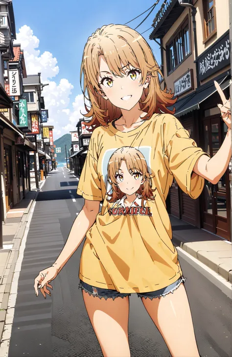 Iroha Isshiki,half up do,oversized t-shirt,denim micro shorts,Bare legs,sneakers,Baseball hats,standing,double peace sign,smile,blush,grinning,Beautiful Scenery, Beautiful Streetscapes,Daytime summer,,in their 40s outdoors,Coastal Road,strand,
in their 40s...