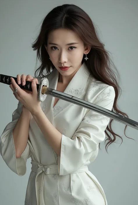 Very beautiful woman, woman holding sword, woman murderous expression, woman luxury white kimono, full body image, woman sexy legs