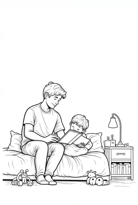 Father reading story to his son during bed time, happy, relaxing composition, accurate proportions, toys, lamp, empty wall on back, books, line art, black and while, realistic, 3/4th view, drawing, clean, lawn farmhouse, realistic details, clear, comical, ...