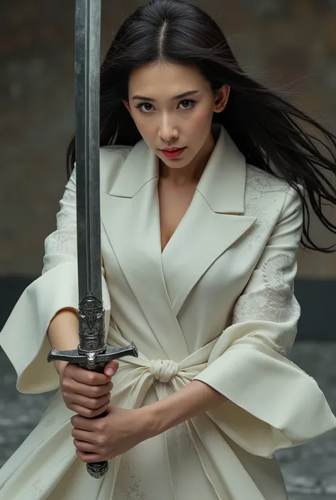 Very beautiful woman, woman holding sword, woman murderous expression, woman luxury white kimono, full body image, woman sexy legs, woman kill you, woman cut throat you by sword