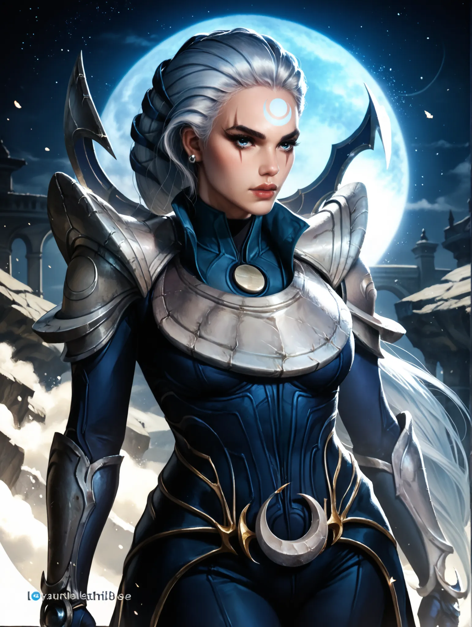 Diana from League of Legends, standing on a crescent-lit battlefield, long silver hair flowing, piercing pale blue eyes, wearing dark armor with silver crescent moon motifs, holding her (large), (curved crescent) blade, dramatic backlighting from a full mo...