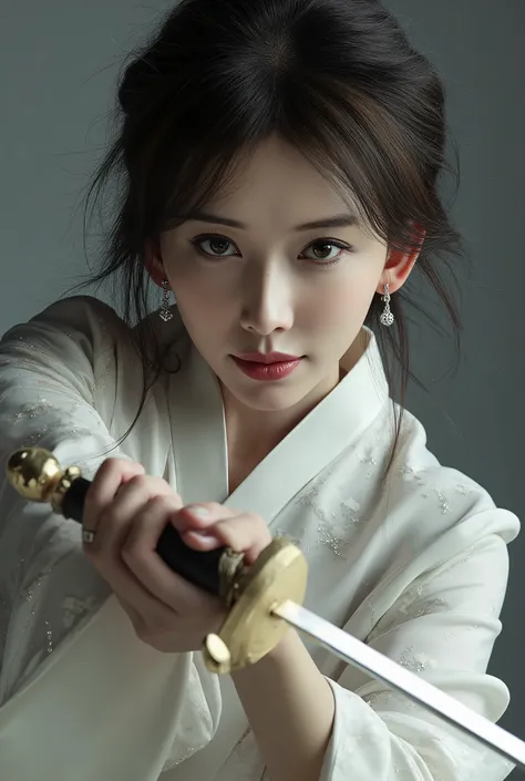 Very beautiful woman, woman holding sword, woman murderous expression, woman luxury white kimono, full body image, woman sexy legs, woman kill you, woman cut throat you by sword