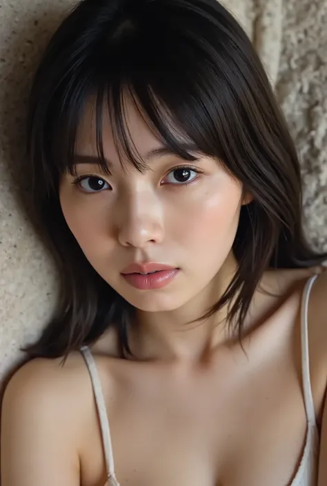 (( Highest Quality , 8K Photo )), ((masterpiece)), ( details) , woman lies on her back , ( Having Sex In The Bedroom, completely naked),((( extremely large breasts , completely naked, short bob in a medieval castle, black hair))), (( unad...