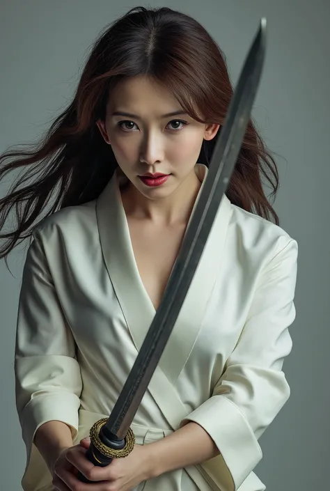 Very beautiful woman, woman holding sword, woman murderous expression, woman luxury white kimono, full body image, woman sexy legs, woman kill you, woman cut throat you by sword, full body shot