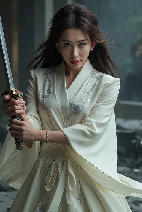 Very beautiful woman, woman holding sword, woman murderous expression, woman luxury white kimono, full body image, woman sexy legs, woman kill you, woman cut throat you by sword, full body shot