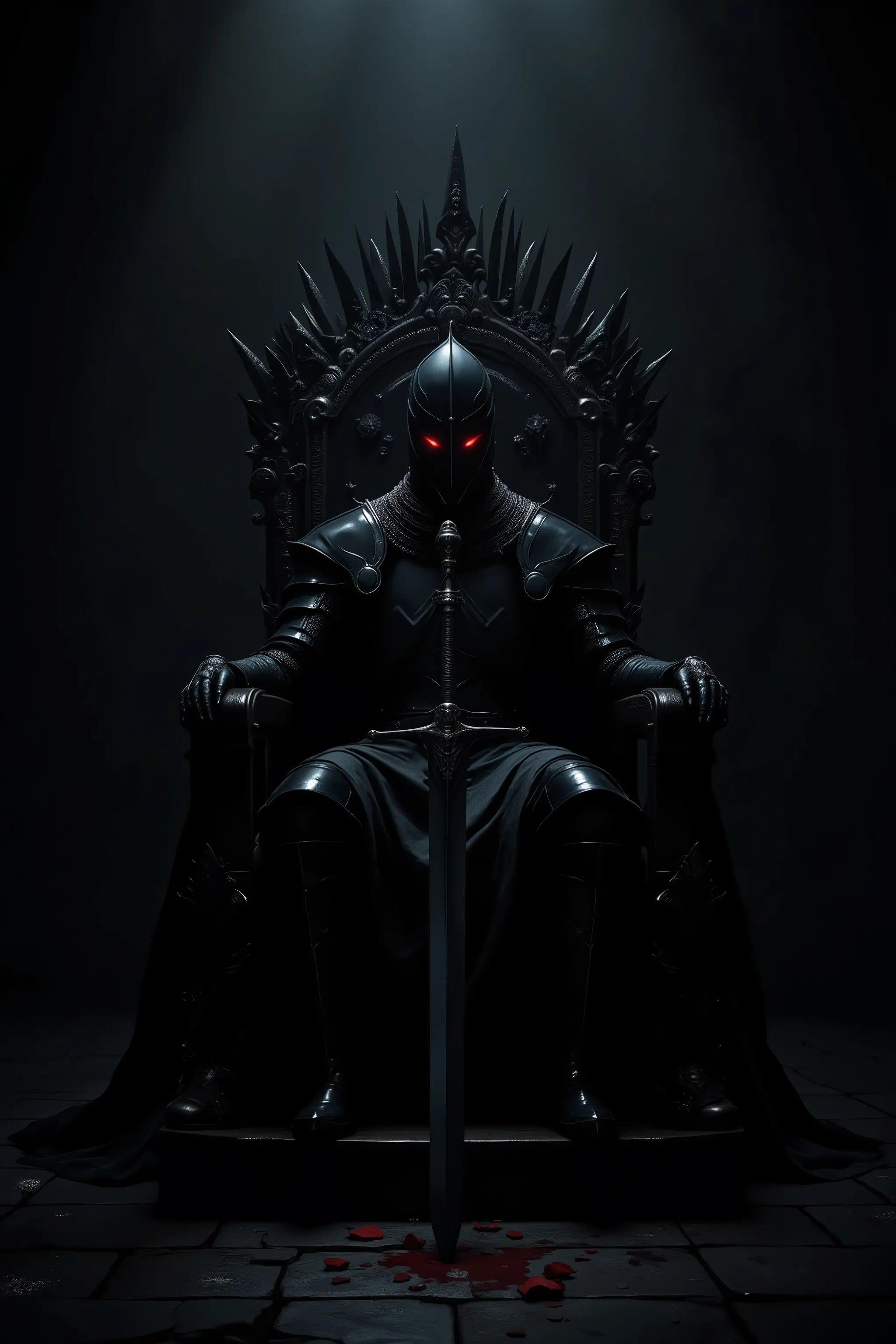 in a dark atmosphere,black knight with jet black arms seated on the throne,Red sharp gaze,with a giant jet black sword thrown to the ground,only the knight that rises against a dark background shines on the light,perfect historical atmosphere,Dark Fantasy,...
