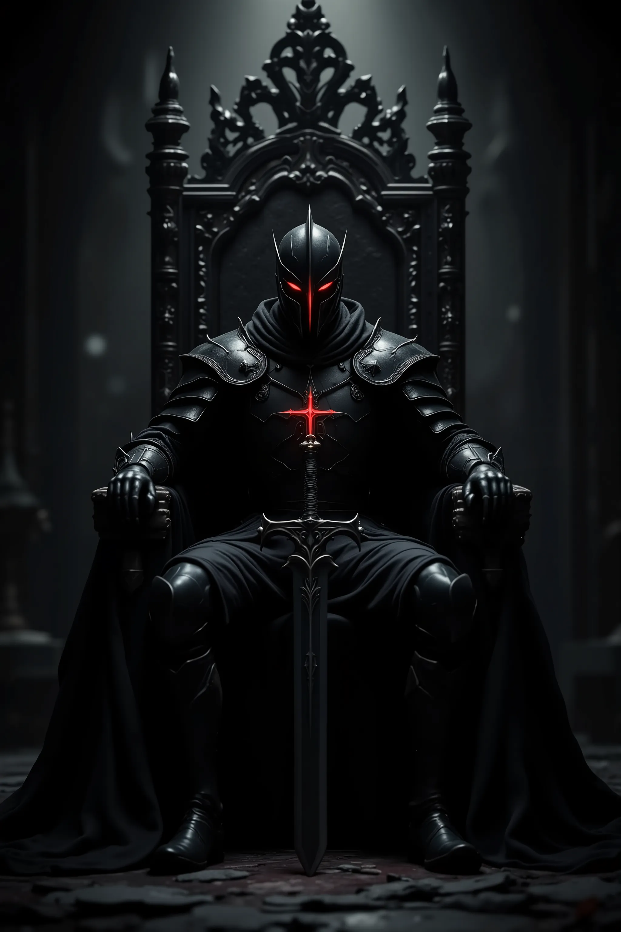 in a dark atmosphere,black knight with jet black arms seated on the throne,Red sharp gaze,with a giant jet black sword thrown to the ground,only the knight that rises against a dark background shines on the light,perfect historical atmosphere,Dark Fantasy,...