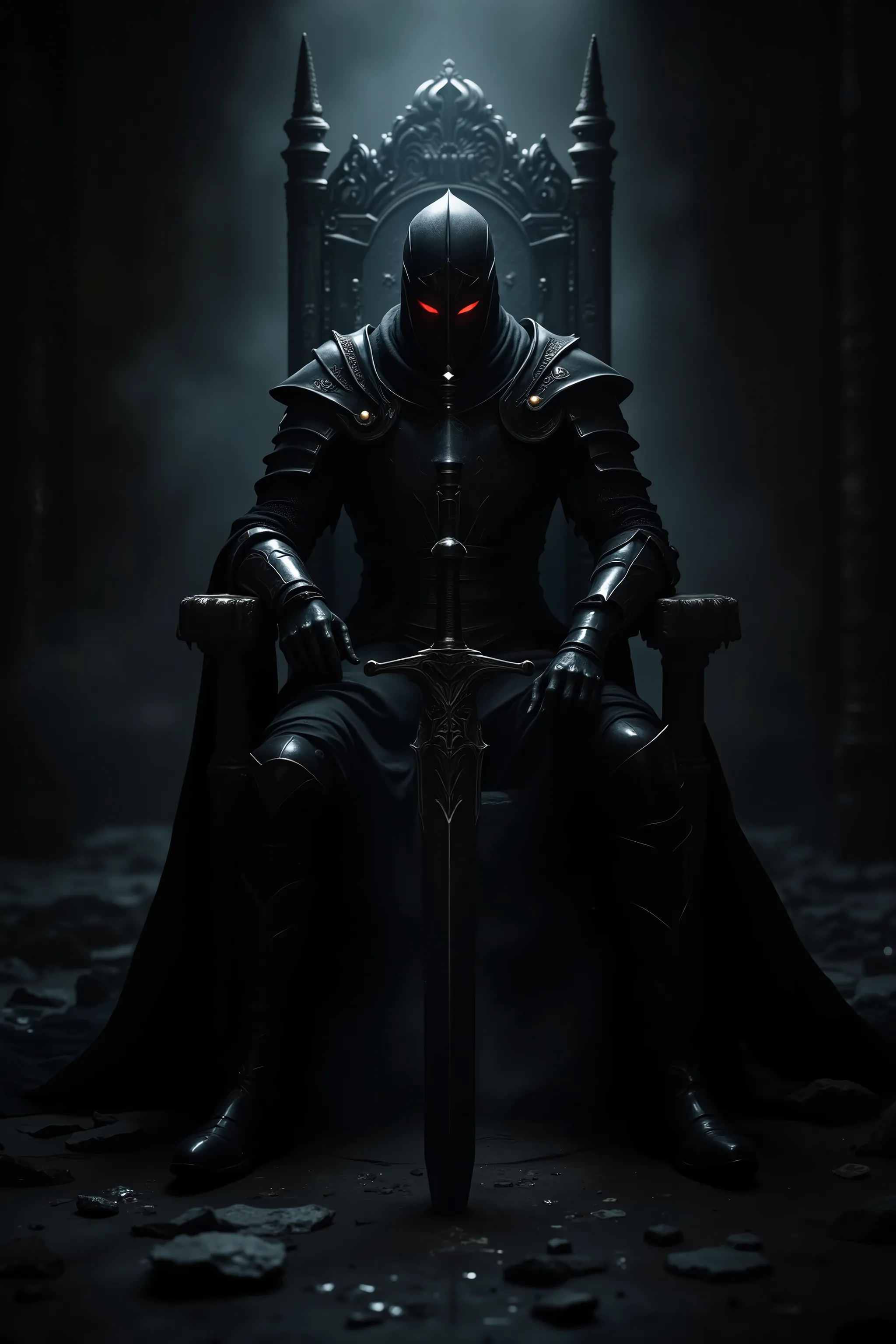 in a dark atmosphere,black knight sitting on a throne wearing jet black armor,Red sharp gaze,with a giant jet black sword thrown to the ground,only the knight that rises against a dark background shines on the light,perfect historical atmosphere,Dark Fanta...