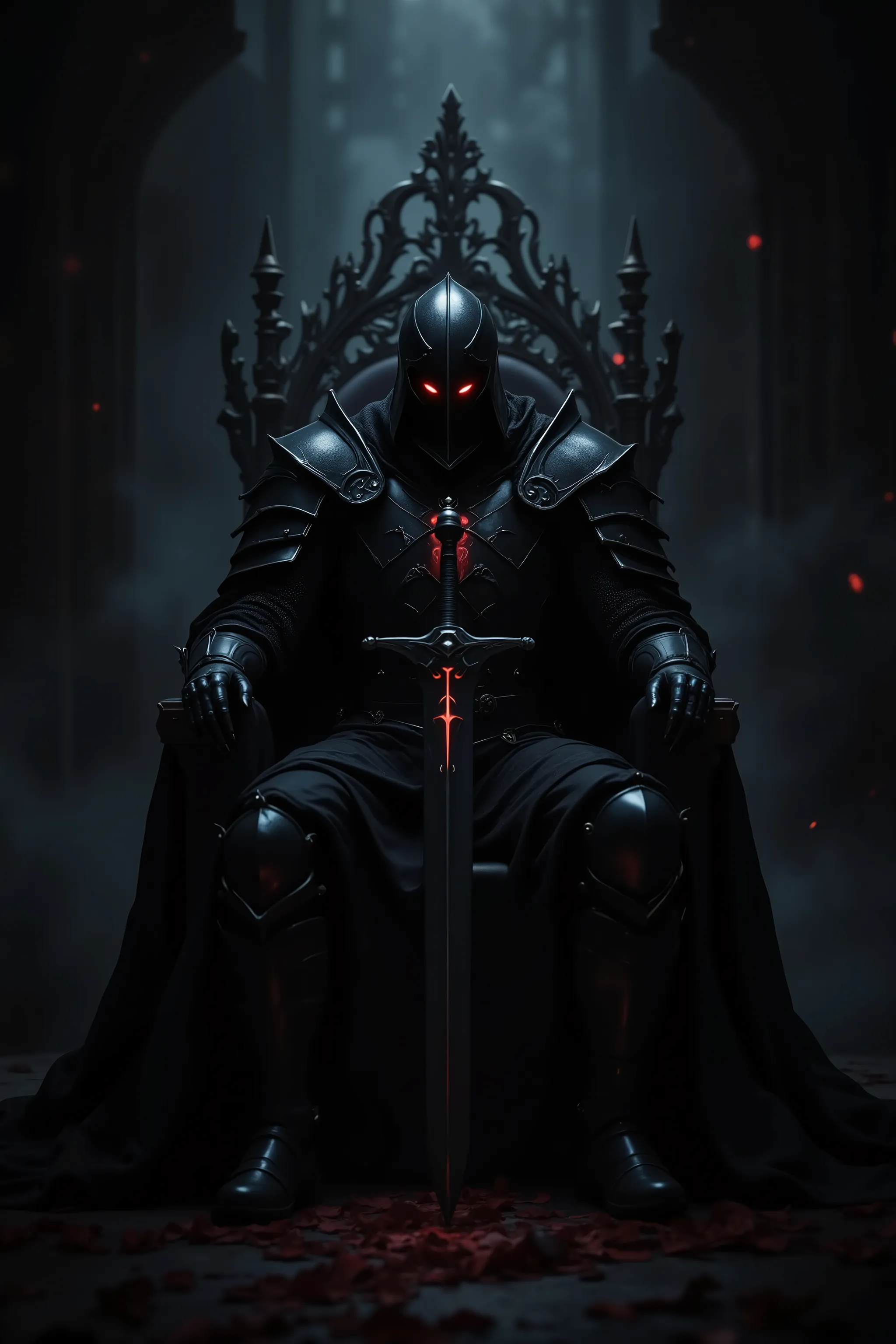 in a dark atmosphere,black knight with jet black arms seated on the throne,Red sharp gaze,with a giant jet black sword thrown to the ground,only the knight that rises against a dark background shines on the light,perfect historical atmosphere,Dark Fantasy,...