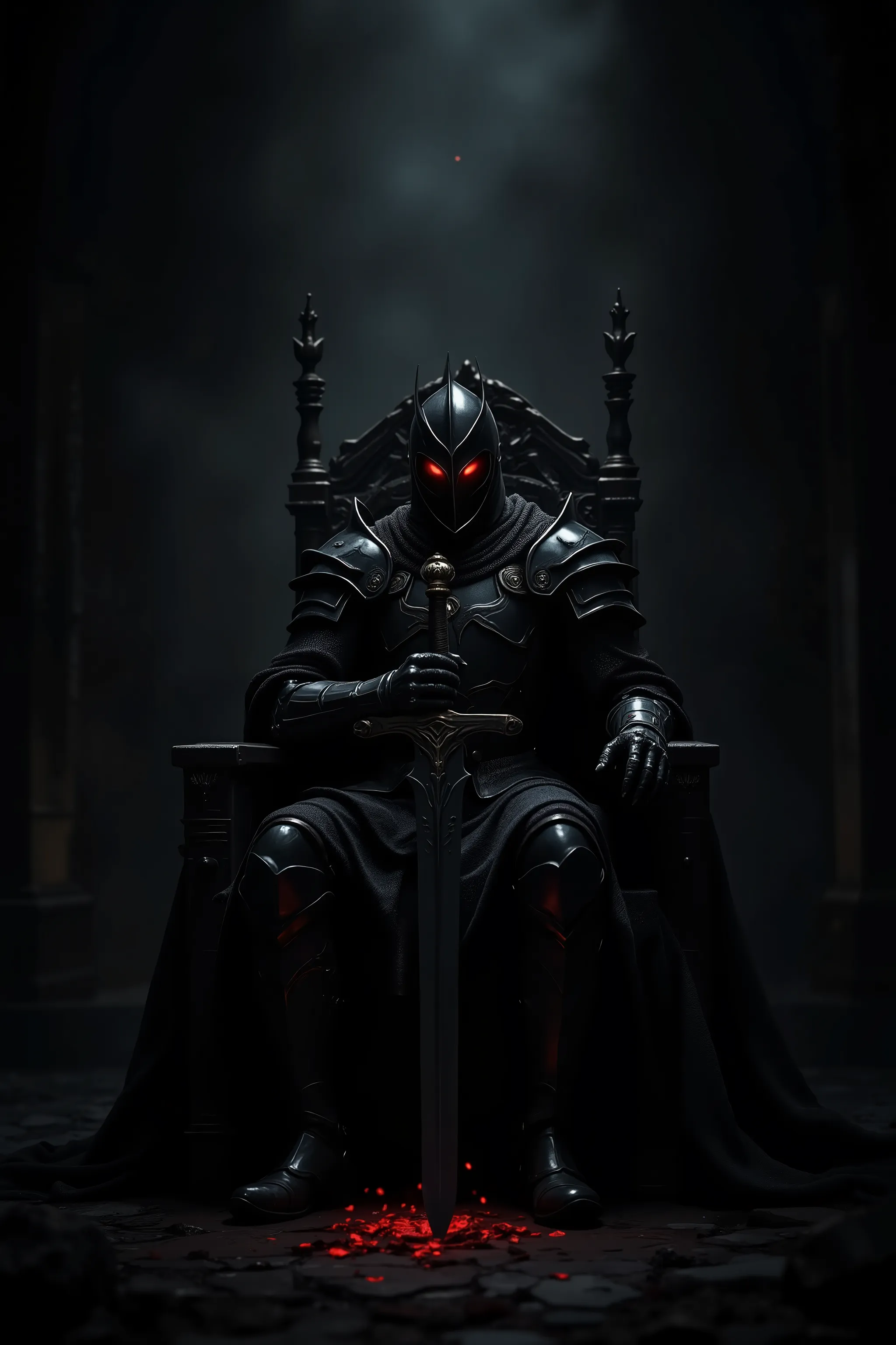 in a dark atmosphere,black knight sitting on a throne wearing jet black armor,Red sharp gaze,with a giant jet black sword thrown to the ground,only the knight that rises against a dark background shines on the light,perfect historical atmosphere,Dark Fanta...