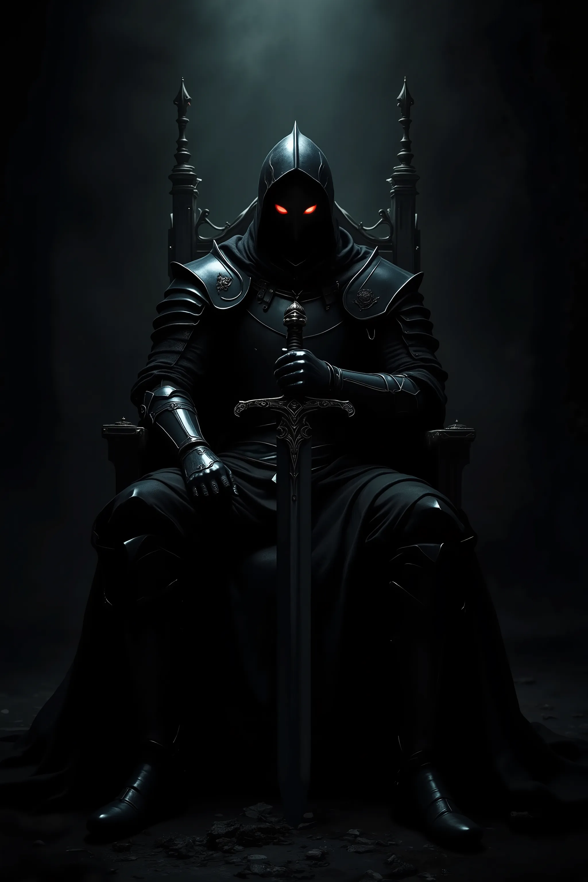 in a dark atmosphere,black knight with jet black arms seated on the throne,Red sharp gaze,with a giant jet black sword thrown to the ground,only the knight that rises against a dark background shines on the light,perfect historical atmosphere,Dark Fantasy,...
