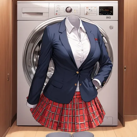 (invisible:1.5, no humans:1.5, headless:1.5, faceless:1.5), ( school casual blazer, plaid skirt, in washing machine:1.2), long sleeve, (big breast), (best quality, masterpiece:1.2), (((detailed cloth texture, detailed anime, super fine illustration)))