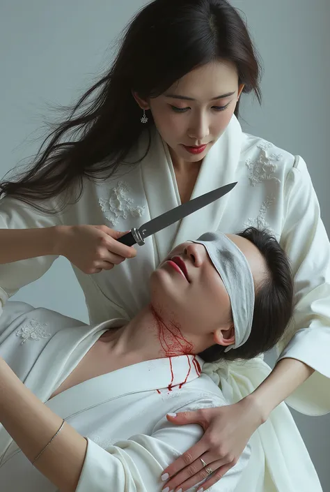 Very beautiful woman, woman luxury white kimono, woman knife, woman cut throat male by knife, a male blindfold, male neck bloody splash, woman kill male