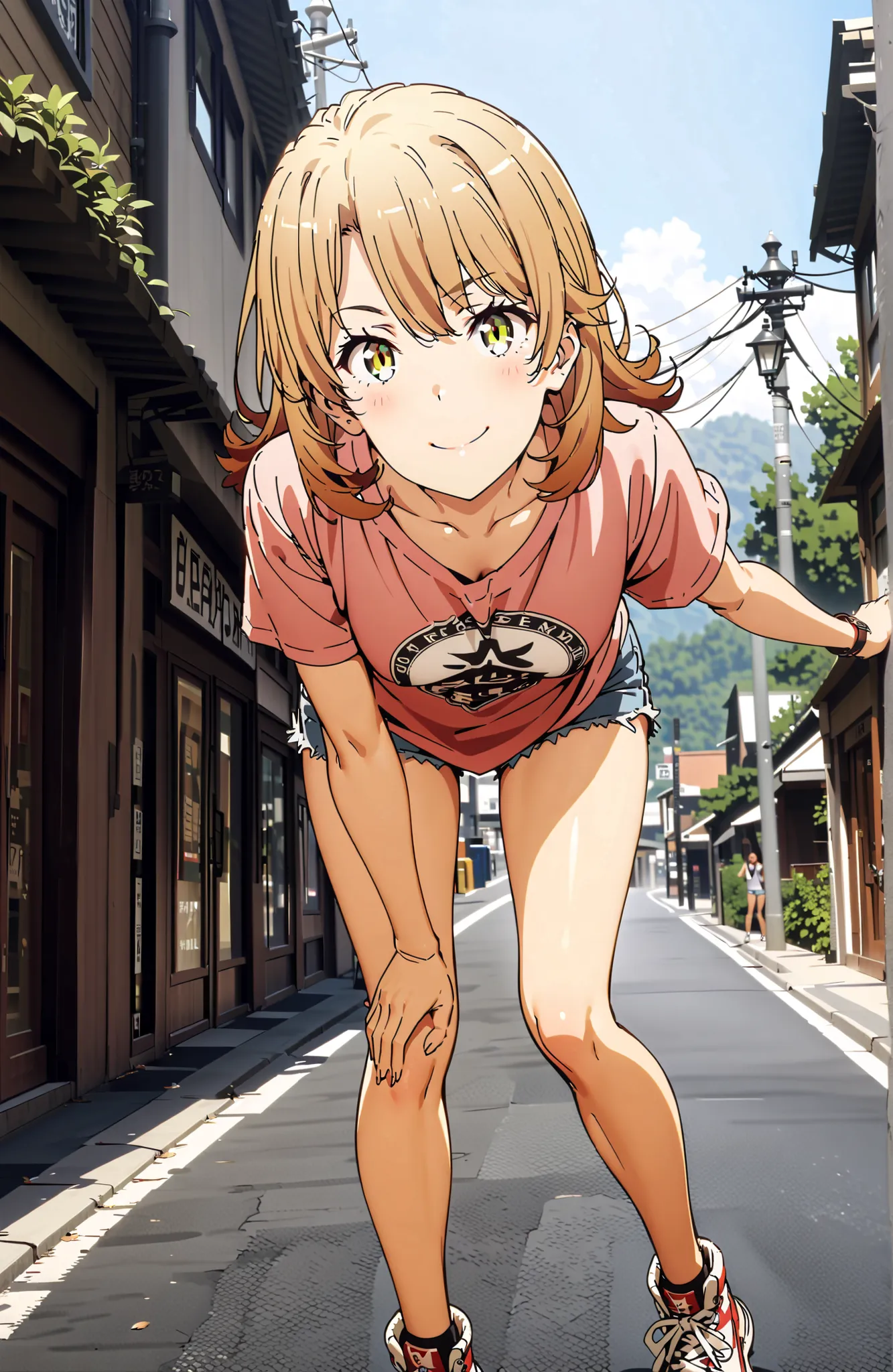 Iroha Isshiki,half up do,oversized t-shirt,denim micro shorts,Bare legs,sneakers,Baseball hats,standing,bending forward,peace sign,smile,blush,grinning,Beautiful Scenery, Beautiful Streetscapes,Daytime summer,,in their 40s outdoors,Coastal Road,strand,
in ...