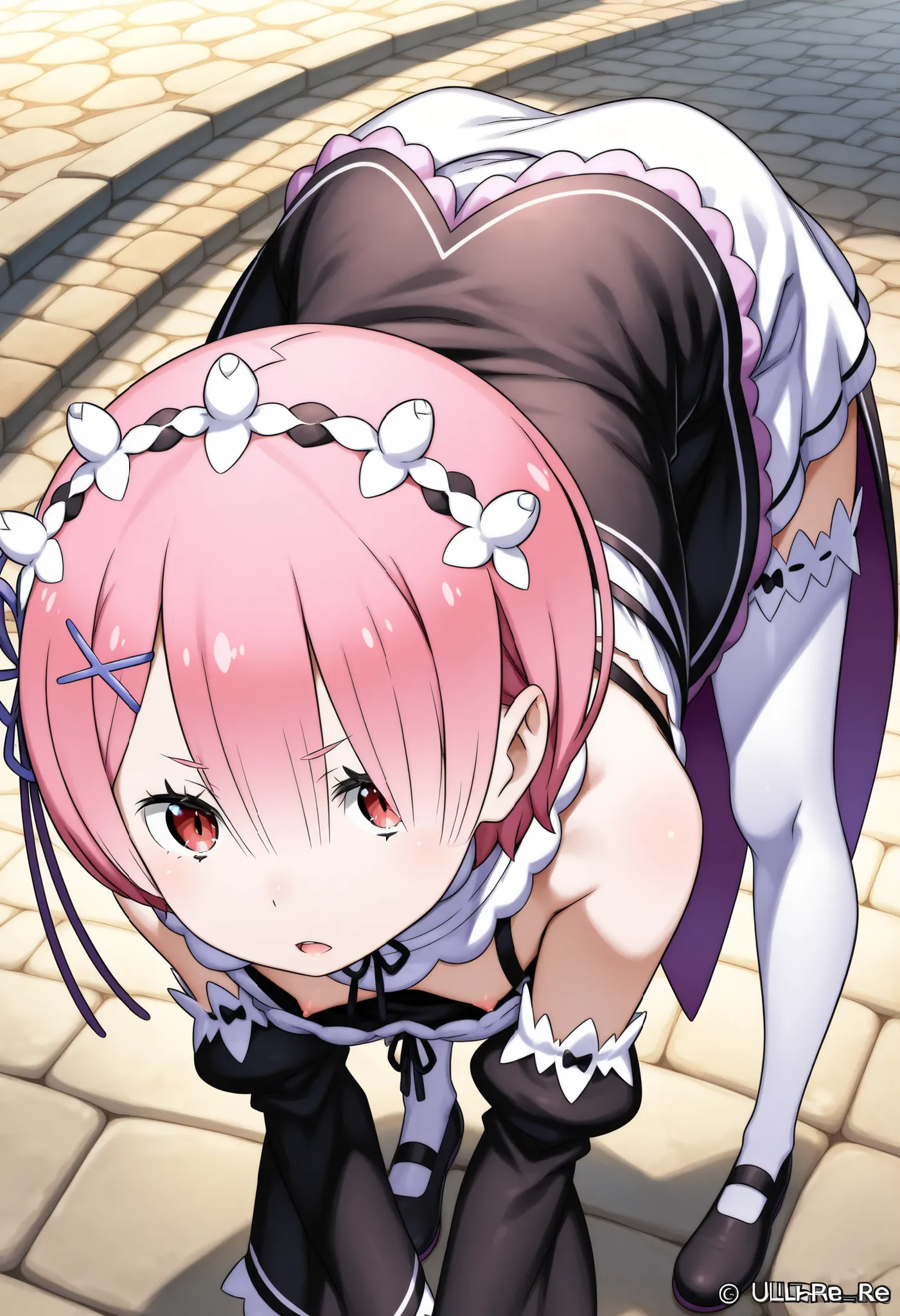 (Ram(Re:ZERO -Starting Life in Another World-):1.5)、(ultra small chest:1.3)、(ultra flat chest:1.3)、(bent over:1.1)、(downblouse:1.1)、(nipple slip-out:0.9)、(ultra super fine illustration:1.1)、(extremely detailed CG:1.1)、(best quality:1.1)、(cobblestone street...