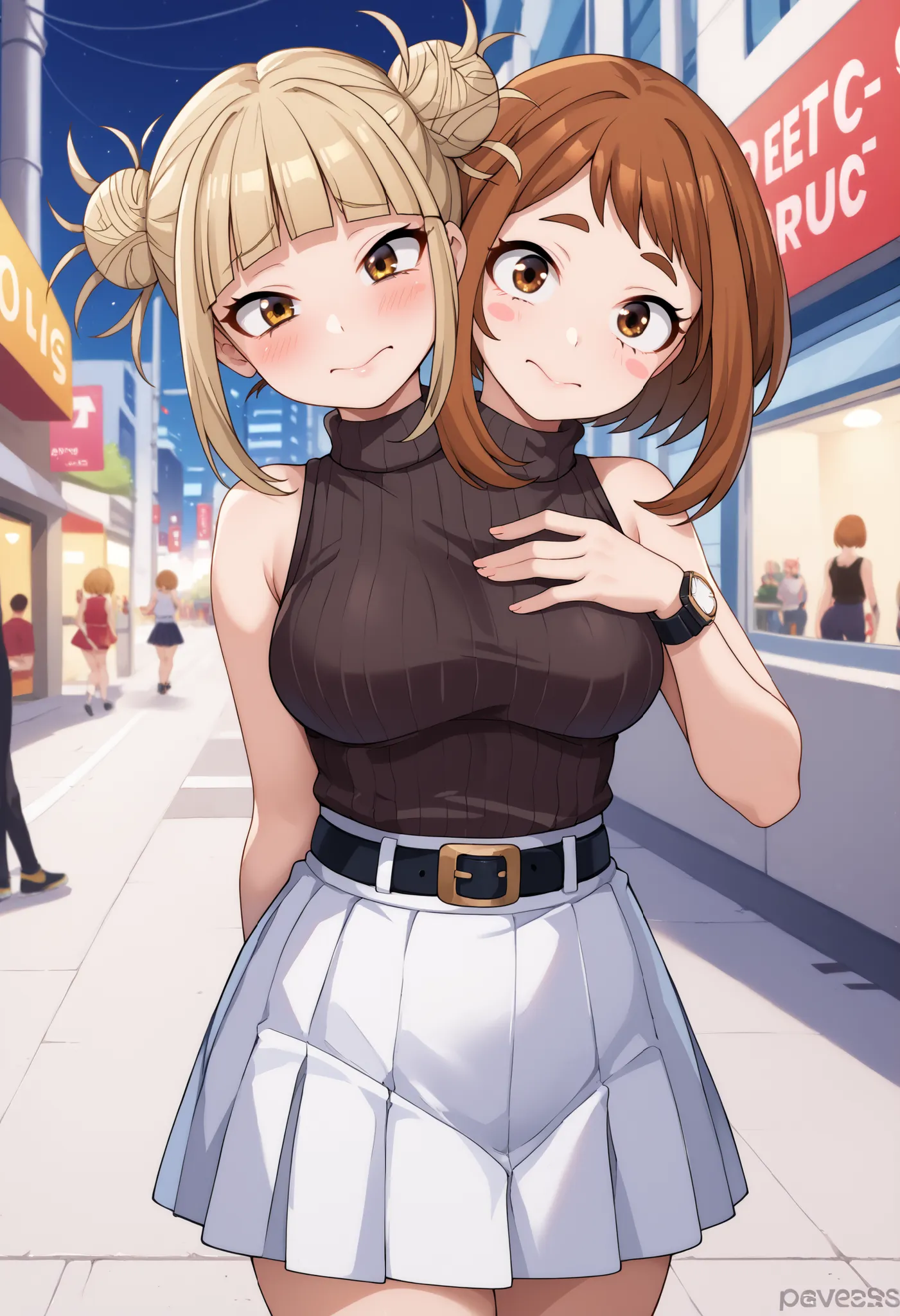 best resolution, anime woman with two heads, conjoined, score_9 , score_8_up , score_7_up , score_6_up , score_5_up , score_4_up, uraraka ochako and himiko toga , 2girls , different hair colors, blonde hair, brown hair , different eye colors, yellow eyes, ...